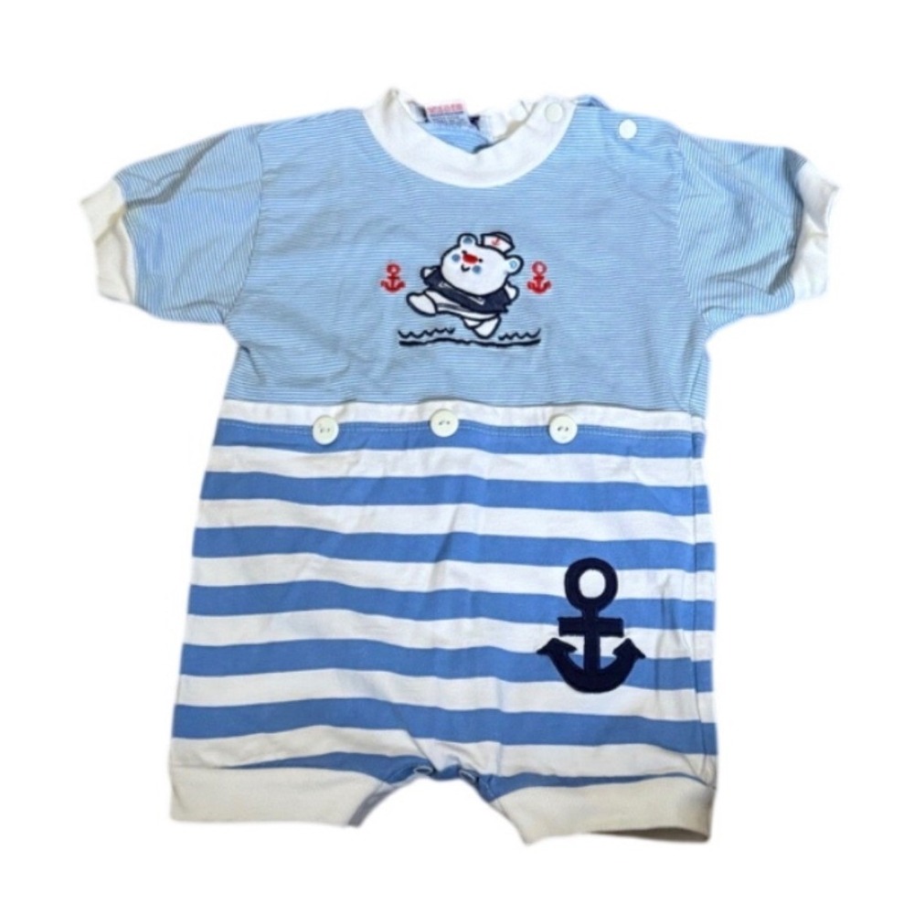 Vintage Doe Spun Baby Boy Nautical Sailor Bear Striped Romper Blue 3-6 Months